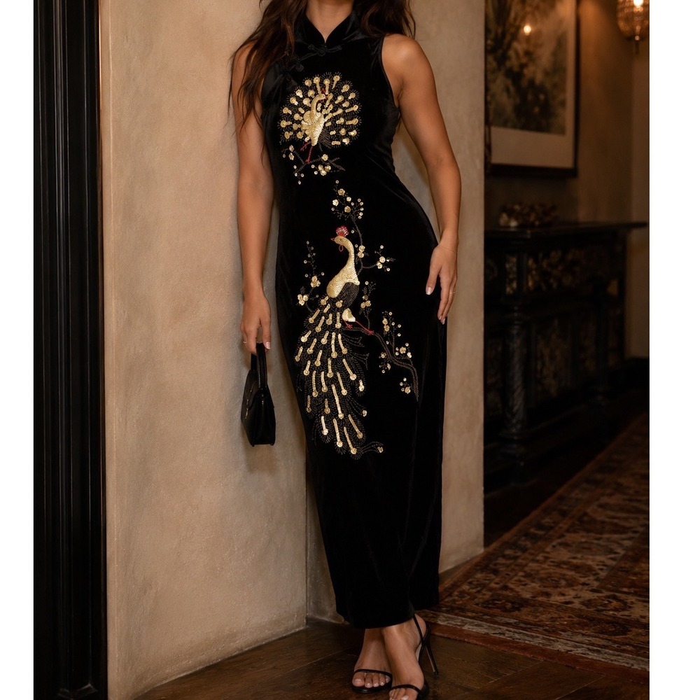 Vintage Black Velvet Peacock Embroidered Cheongsam Qipao midi Dress goth zz